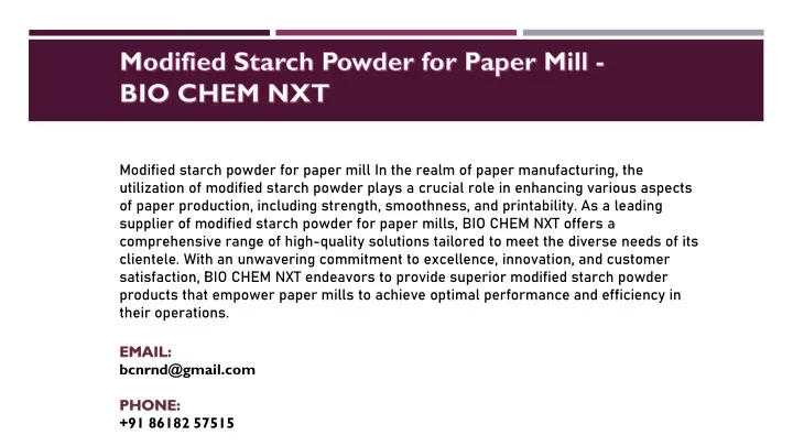 modified starch powder for paper mill bio chem nxt