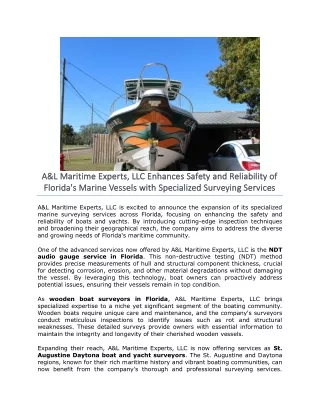 A&L Maritime Experts, LLC Enhances Safety and Reliability of Florida's Marine Vessels with Specialized Surveying Service