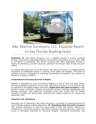 A&L Marine Surveyors, LLC. Expands Reach to Key Florida Boating Hubs