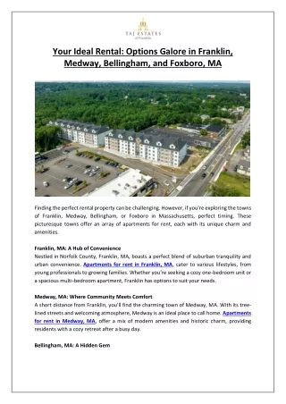 Your Ideal Rental- Options Galore in Franklin, Medway, Bellingham, and Foxboro, MA