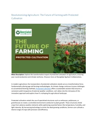 Revolutionizing Agriculture: The Future of Farming with Protected Cultivation