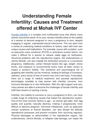 Understanding Female Infertility: Causes and Treatment offered at Mohak IVF