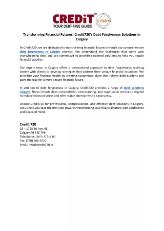 Transforming Financial Futures Credit720's Debt Forgiveness Solutions in Calgary
