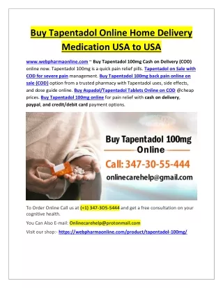 Buy Tapentadol Online Home Delivery Medication USA to USA