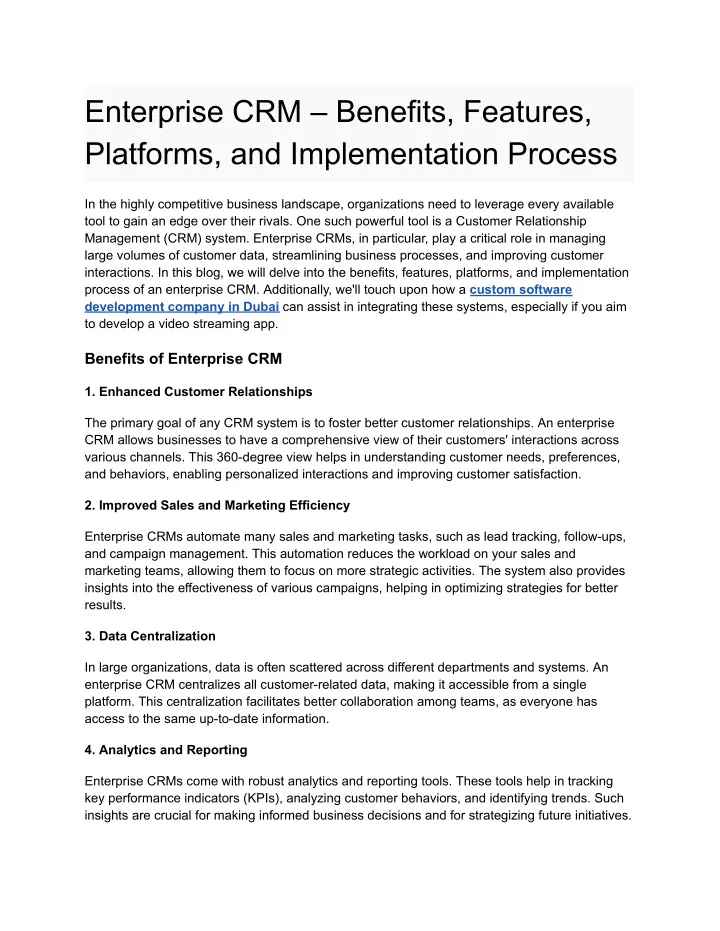 enterprise crm benefits features platforms