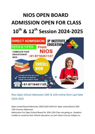 NIOS OPEN BOARD ADMISSION OPEN FOR CLASS 10th & 12th