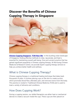 Discover the Benefits of Chinese Cupping Therapy in Singapore