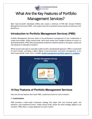 What Are the Key Features of Portfolio Management Services