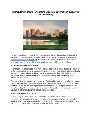 Hiranandani Highland Enhancing Quality of Life through Innovative Urban Planning