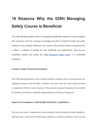 10 Reasons Why the IOSH Managing Safely Course is Beneficial