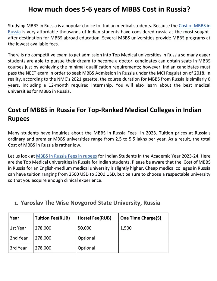 how much does 5 6 years of mbbs cost in russia