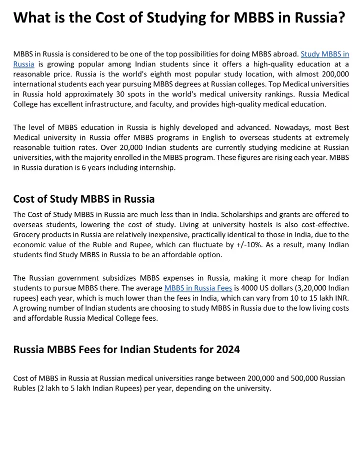 what is the cost of studying for mbbs in russia