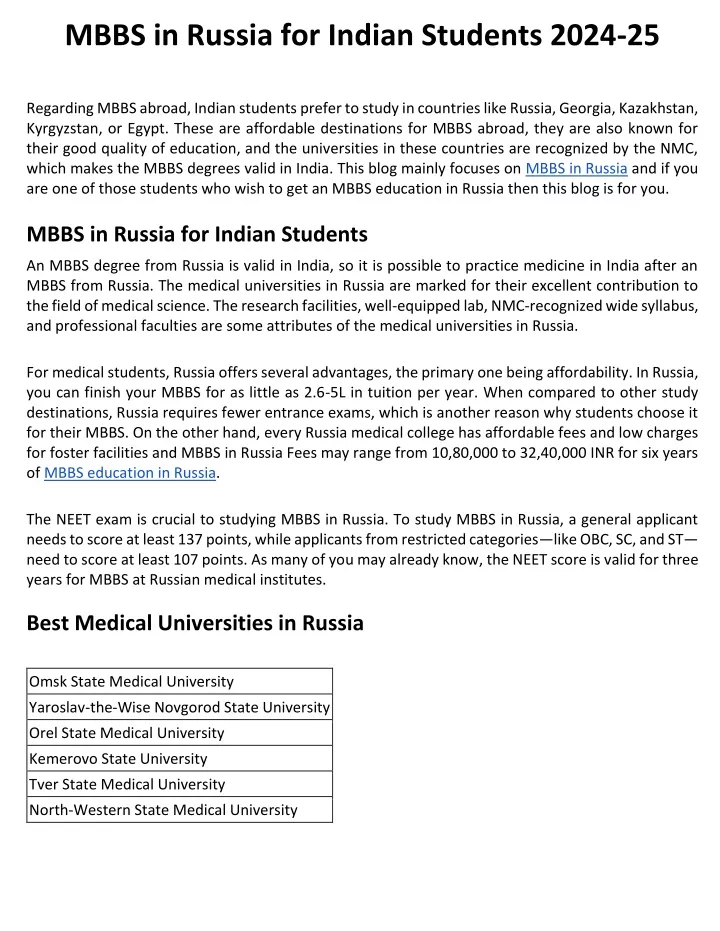 mbbs in russia for indian students 2024 25