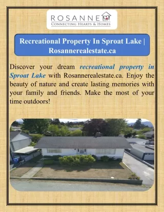 Recreational Property In Sproat Lake  Rosannerealestate.ca