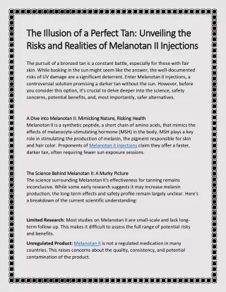 Perfect Tan Unveiling the Risks and Realities of Melanotan II Injections