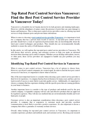 Top Rated Pest Control Services Vancouver Find the Best Pest Control Service Provider in Vancouver Today!