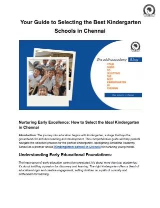Your Guide to Selecting the Best Kindergarten in Chennai