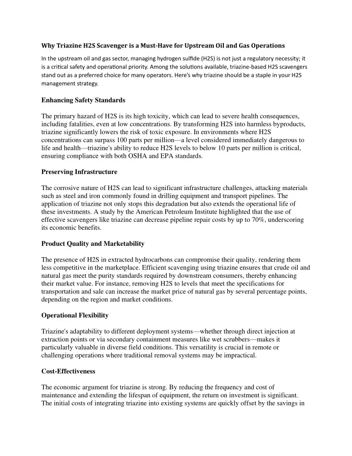 why triazine h2s scavenger is a must have