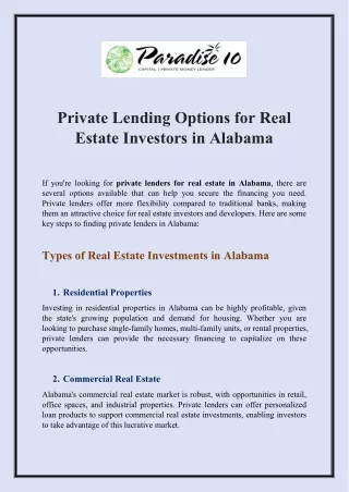 Private Lending Options for Real Estate Investors in Alabama