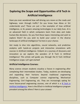 Exploring the Scope and Opportunities of B Tech in Artificial Intelligence