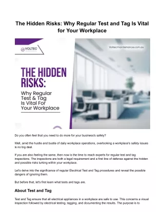 The Hidden Risks: Why Regular Test and Tag Is Vital for Your Workplace