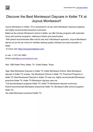 Best Montessori Daycare in Keller Tx at Joyous Montessori