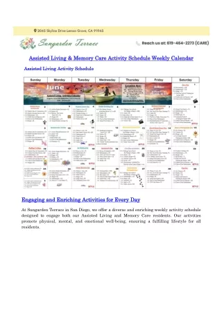 Assisted Living & Memory Care activity schedule weekly calendar