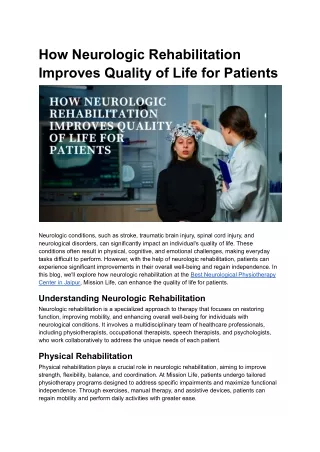 How Neurologic Rehabilitation Improves Quality of Life for Patients