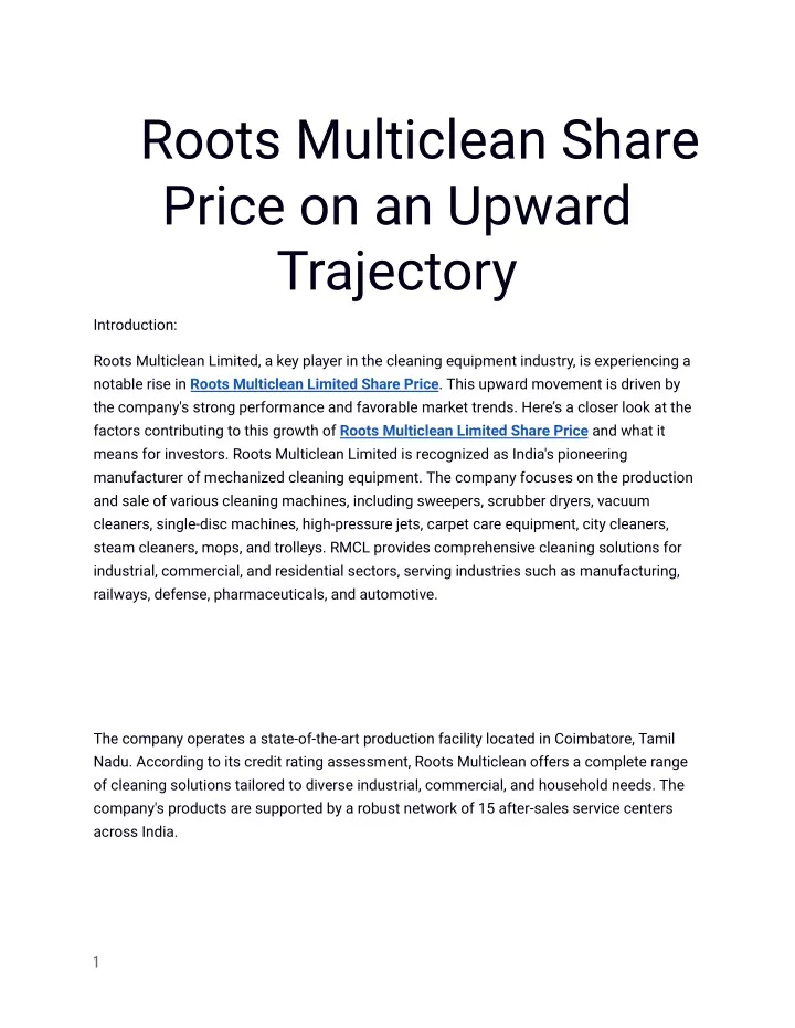 roots multiclean share price on an upward