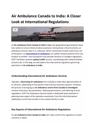 Air Ambulance Canada to India: A Closer Look at International Regulations