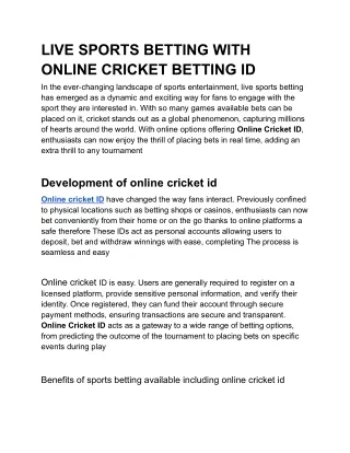 LIVE SPORTS BETTING WITH ONLINE CRICKET BETTING ID