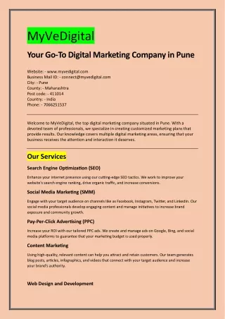 The Best Digital Marketing Company in Pune is MyVeDigital: Your Partner for Digi