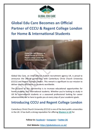 Global Edu Care Becomes an Official Partner of CCCU & Regent College London for Home & International Students