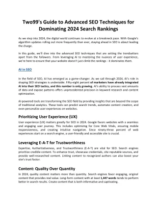 Two99's Guide to Advanced SEO Techniques for Dominating 2024 Search Rankings