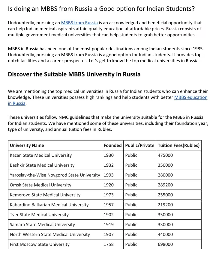 is doing an mbbs from russia a good option