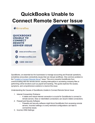 quickbooks unable to connect remote server issue