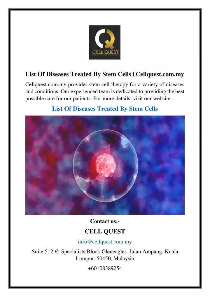 list of diseases treated by stem cells cellquest