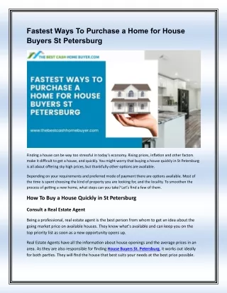 Fastest Ways To Purchase a Home for House Buyers St Petersburg