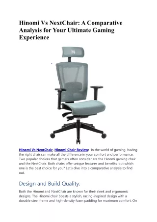 Hinomi Vs NextChair  A Comparative Analysis for Your Ultimate Gaming Experience