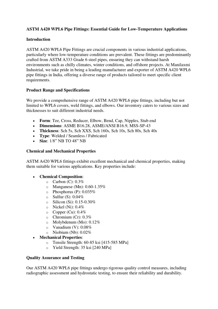 astm a420 wpl6 pipe fittings essential guide