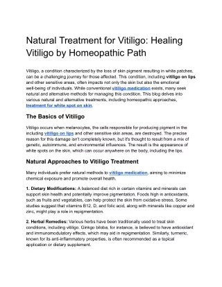Natural Treatment for Vitiligo: Healing Vitiligo by Homeopathic Path