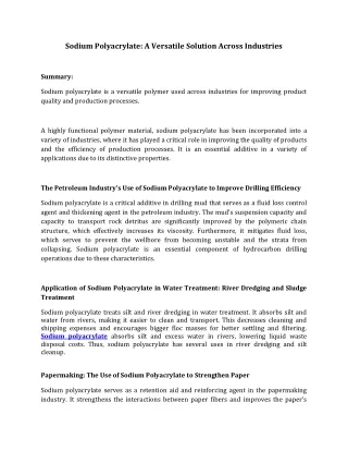 Sodium Polyacrylate, A Versatile Solution Across Industries