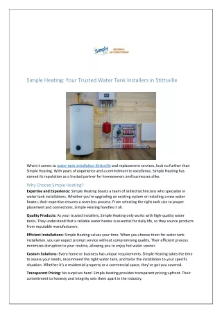 Simple Heating: Your Trusted Water Tank Installers in Stittsville