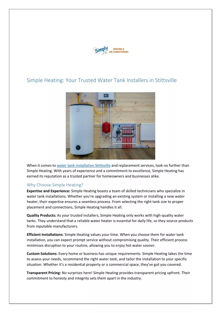 simple heating your trusted water tank installers