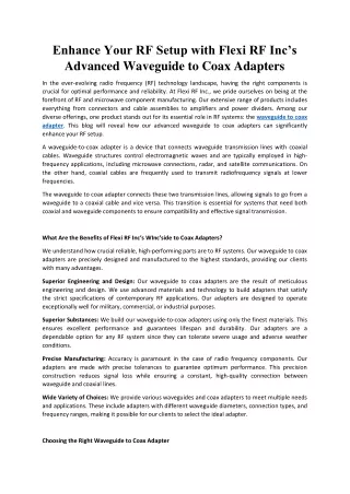 Enhance Your RF Setup with Flexi RF Inc’s Advanced Waveguide to Coax Adapters