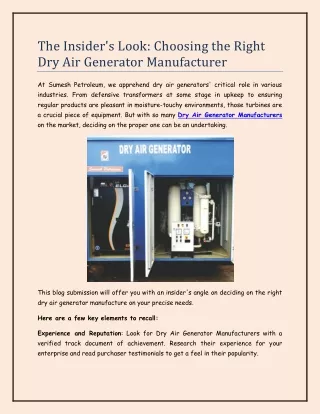 The Insider's Look: Choosing the Right Dry Air Generator Manufacturer