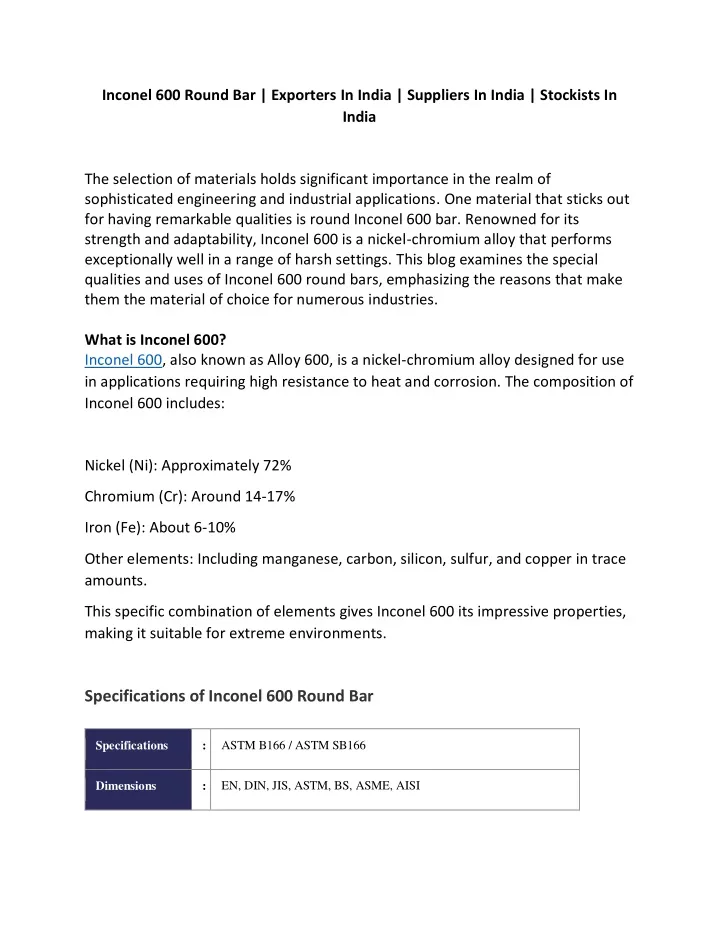 inconel 600 round bar exporters in india