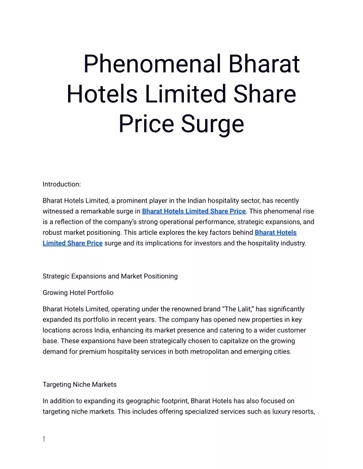 phenomenal bharat hotels limited share price surge