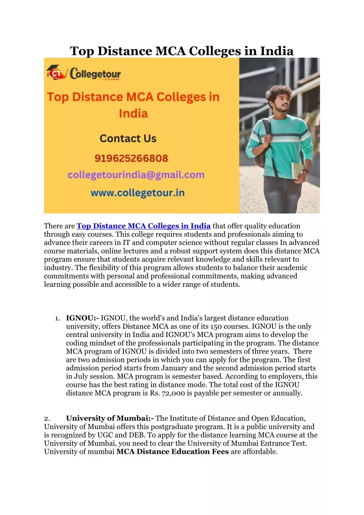 top distance mca colleges in india