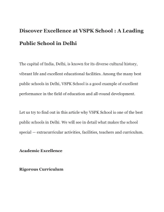 Discover Excellence at VSPK School : A Leading Public School in Delhi